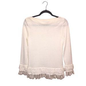 Trina Turk Sweater Merino Wool Fringe Boat Neck Long Sleeve Ivory White Size SM